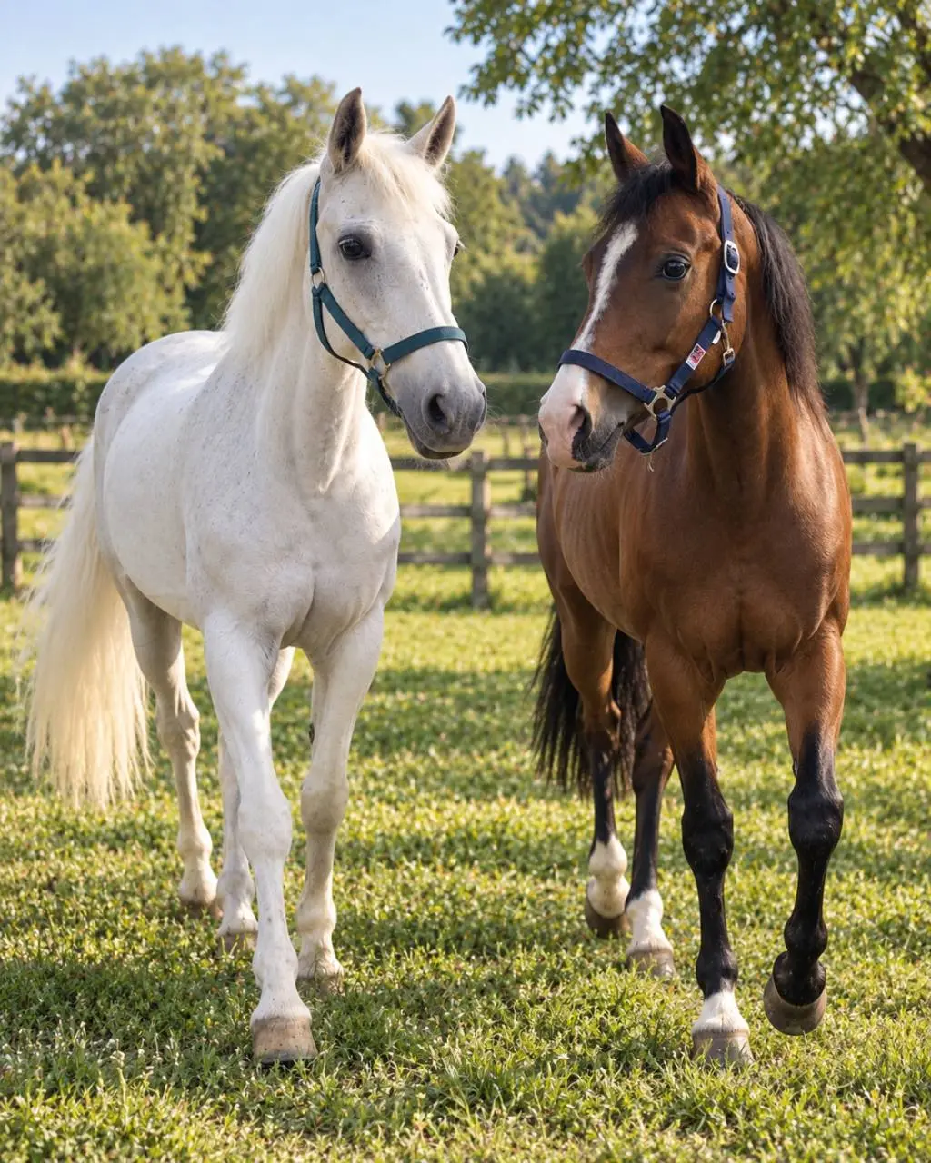 Cavallo bianco e cavallo baio nel prato della scuderia