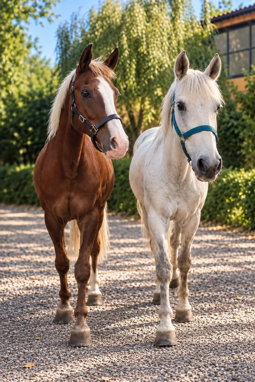 Cavallo sauro e cavallo bianco lungo il vialetto della scuderia