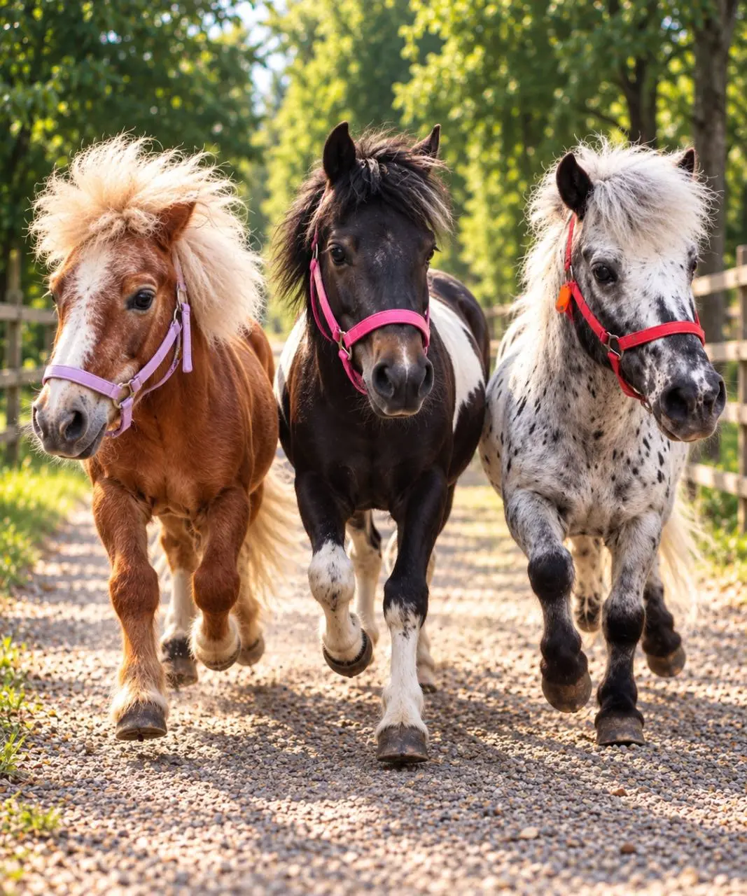 Tre pony lungo il vialetto della scuderia